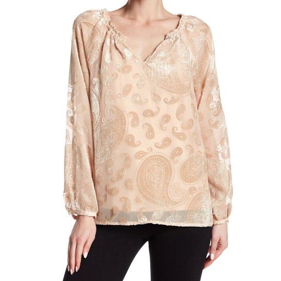 Nanette Lepore Burnout Velvet Paisley Peasant Blouse Pale Gold - Picture 9 of 9